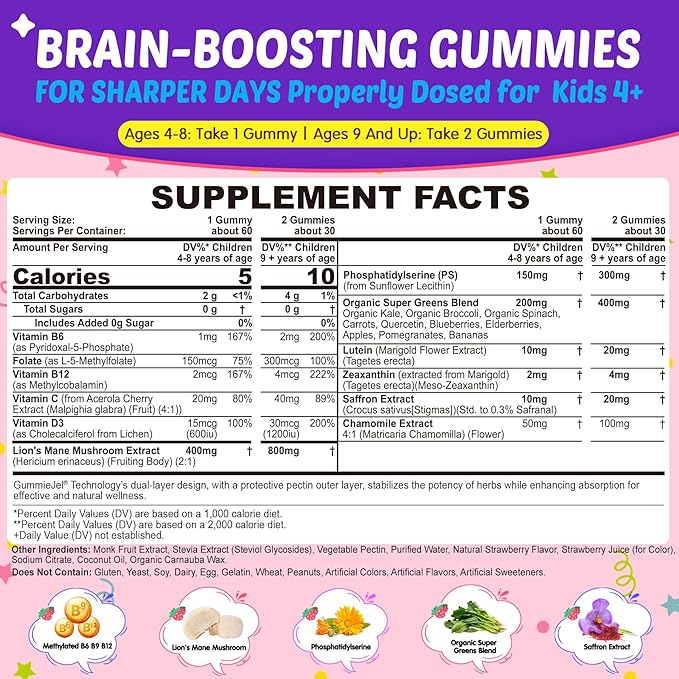 Kids Brain Gummies with Lion's Mane Mushroom Methyl B6 B9 B12 Supper Greens Lutein Brain Booster Supplement for Focus &amp Attention Cognitive Function Vision &amp Energy Sugar Free Vegan