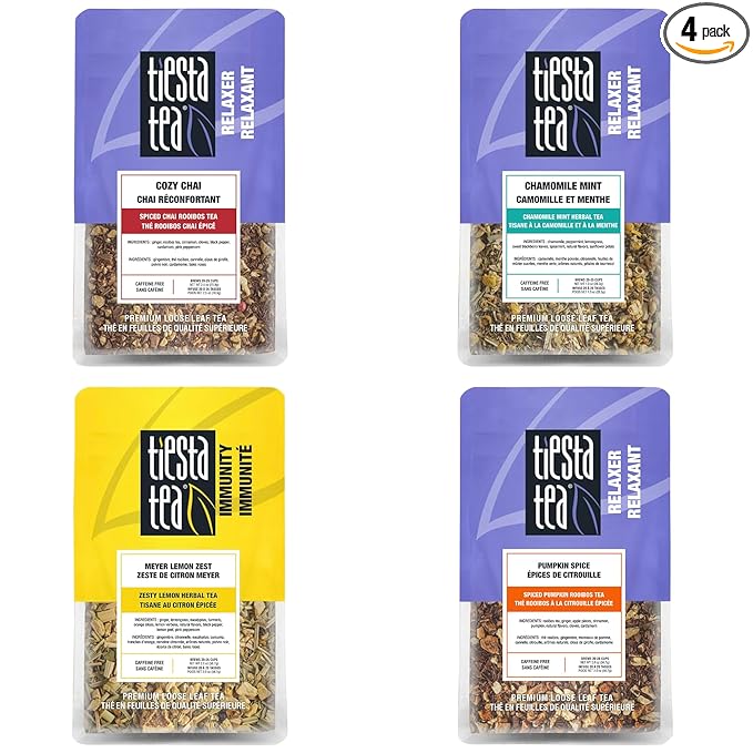 Tiesta Tea - 4 Autumnal Tea Blends Loose Leaf Premium Blend Non-Caffeinated Make Hot or Iced Pouch of Pumpkin Spice Cozy Chai Chamomile Mint Meyer Lemon Zest Pack of 4
