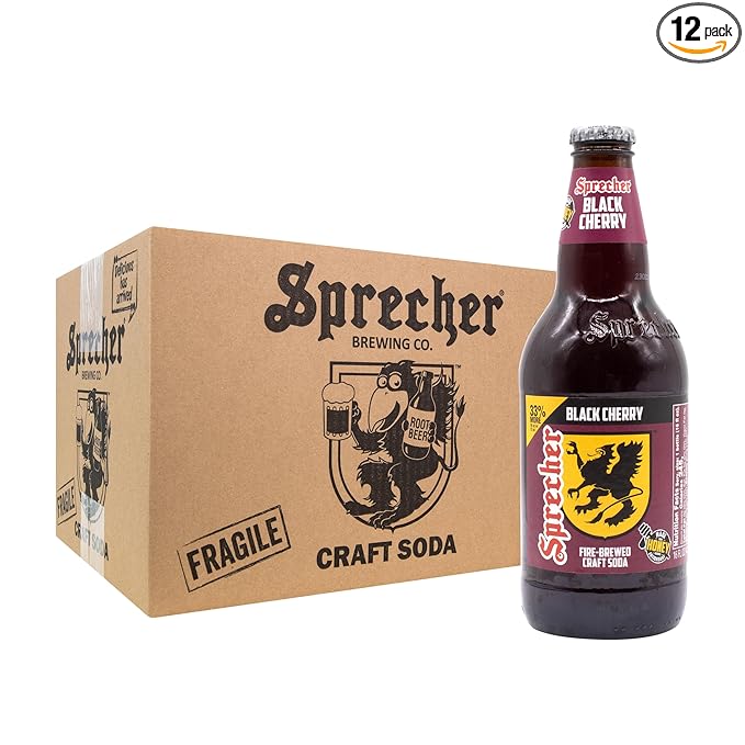 Sprecher Black Cherry Soda in 16 fl oz Glass Bottles (12 Pack) Fire Brewed Craft Cherry Soda with Real Honey Naturally Flavored Caffeine Free Soft Drink