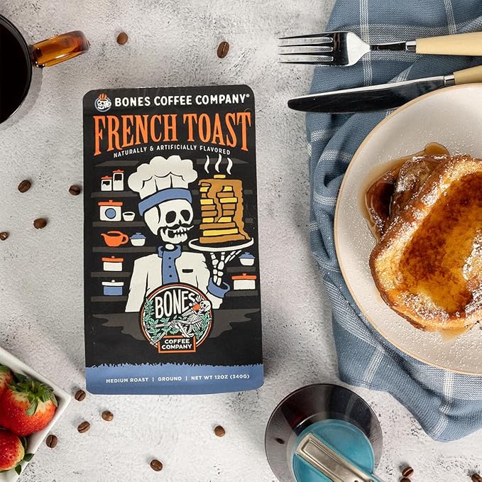 Bones Coffee Company Strawberry Cheesecake and French Toast Flavored Ground Coffee Beans Bundle | 12 oz Medium Roast Arabica Low Acid Coffee Gifts (Ground)