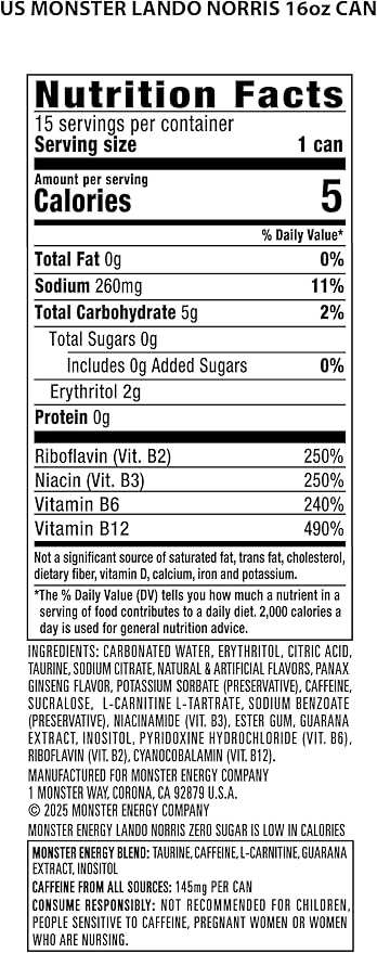 Monster Energy Lando Norris Sugar Free Energy Drink 16 Ounce (Pack of 15)