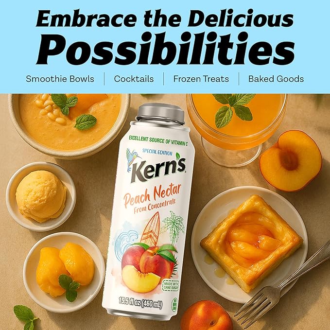 Kern’s Peach Nectar Lata Botella - Made with Fresh Fruit Puree &amp Peach Juice Concentrate for Fruit Smoothie Mix Cocktail Mixers &amp Kids Beverages - 15.5oz 12 Pack Resealable Juice Bottles