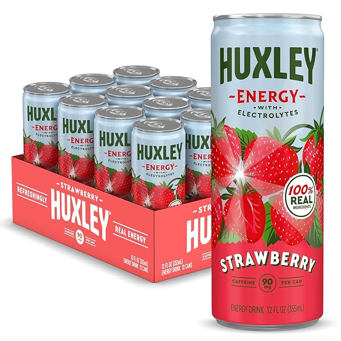 Huxley Superfruit Energy Drink Strawberry 90mg Natural Caffeine Electrolytes for Hydration 100% Real Ingredients 5g Organic Cane Sugar No Artificial Sweeteners or Flavors L-theanine for Sustain