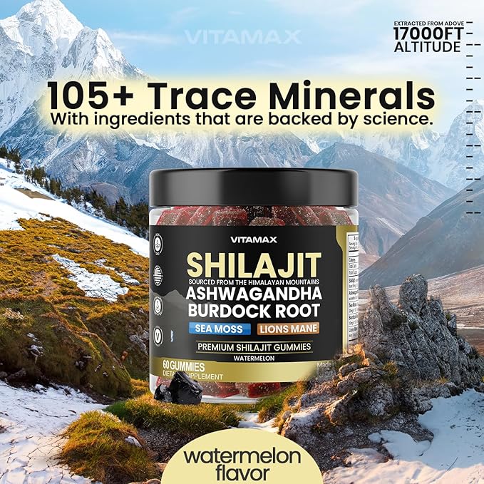 Organic Shilajit Gummies Sea Moss Ashwagandha 105+ Trace Minerals – Organic Burdock Root &amp Lions Mane Mushroom – Watermelon Flavor - Vegan &amp Non-GMO – Made in USA – 60ct