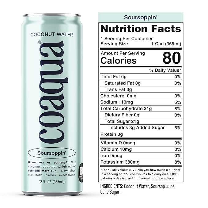 Coaqua Soursoppin’ Coconut Water (12 Pack) Refreshing Electrolyte Drink for Hydration &amp Wellness – Zero Fat Gluten-Free Coconut Water with Soursop Juice - 12 fl oz Cans