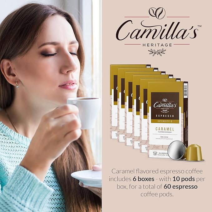 Camilla’s Heritage - Intensity 8 Caramel Flavored Espresso Coffee Gourmet Espresso Cups 60 Coffee Pods
