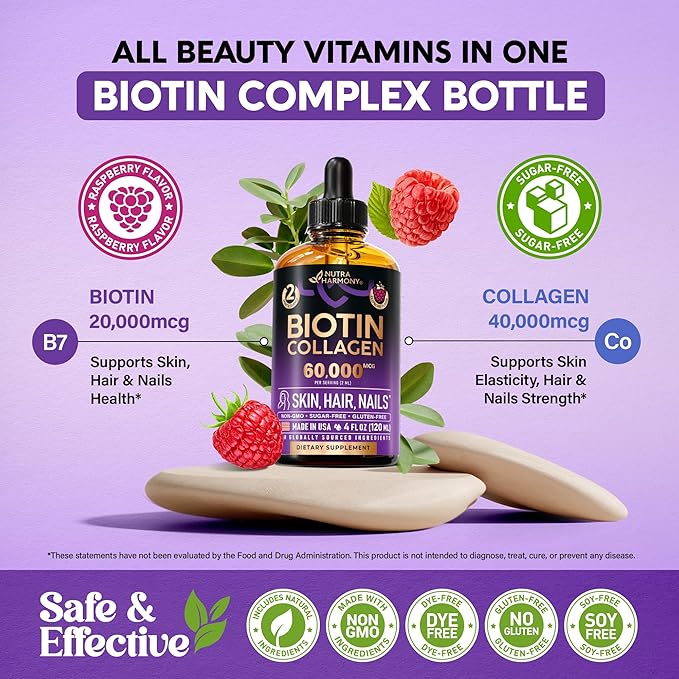 Liquid Biotin &amp Collagen 60000 mcg - Vitamins for Hair Growth Support - Extra Strength Drops for Women &amp Men - Liquid Collagen Supplement - Strong Nails &amp Healthy Skin - Made in USA - 4 F