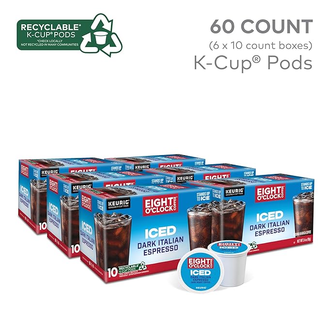 Eight O'Clock Coffee ICED Dark Italian Keurig Single-Serve K-Cup Pods Dark Roast Iced Coffee 60 Count (6 Packs of 10)