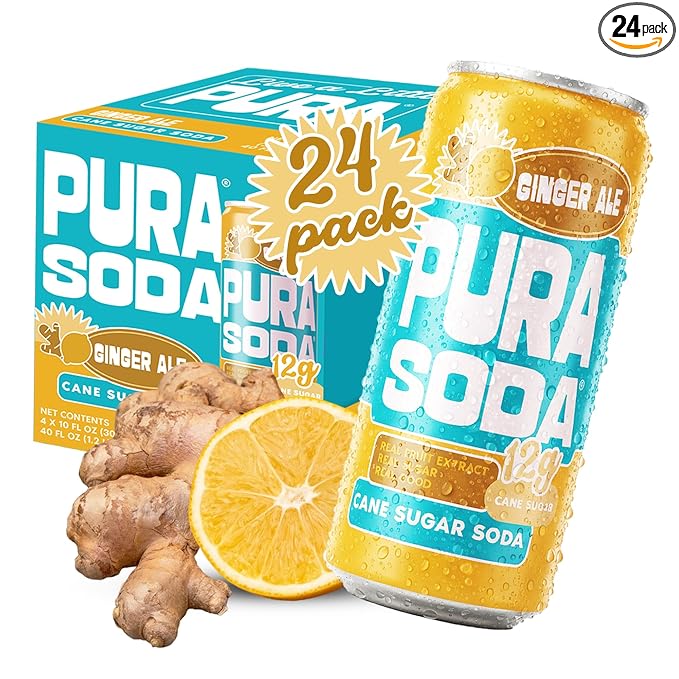 PuraSoda® Ginger Ale - 65 Calories &amp 12g Pure Cane Sugar per Can - Made with Pure Cane Sugar No Stevia or Artificial Blends - Non-GMO Vegan Clean &amp Refreshing Ginger Soft Drink - 10 fl oz C