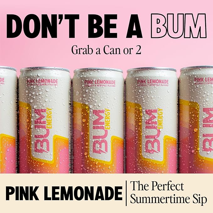 BUM Sugar-Free Energy Drink Pink Lemonade - Lightly Carbonated &amp No Artificial Colors Natural Caffeine &amp Citicoline for Energy &amp Focus Brain Boost &amp Workout Sports Beverage - 12 oz