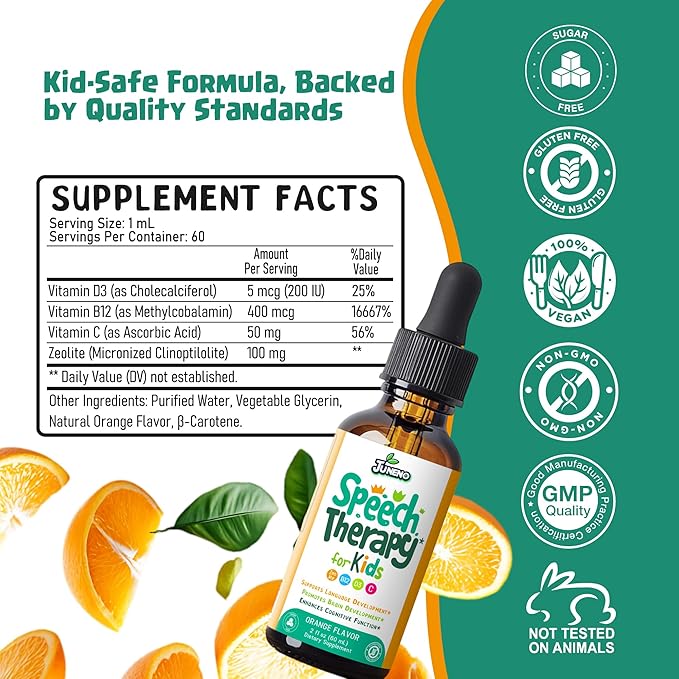 Speech Therapy Drops - Support Supplement for Kids with Communication Delay Language Brain Development Cognitive Function - Zeolite Vitamins B12 D3 C for Daily Wellness - Sugar Free Gluten-free