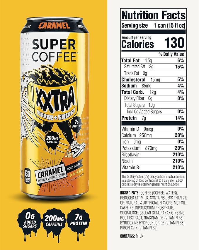 Super Coffee XXTRA Keto Protein Coffee (0g Added Sugar 7g Protein 130 Calories) [Caramel] 15 Fl Oz 12 Pack | Iced Smart Coffee Drinks - SoyFree GlutenFree