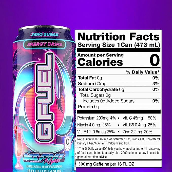 G Fuel Energy Drink Strawberry Pina Colada Sugar Free Beverage with 140mg Caffeine Daily Energy Boost with Focus Amino Vitamin + Antioxidants 16 oz Cans (Miami Nights 12-Pack)