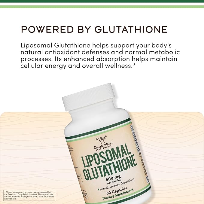 Liposomal Glutathione Supplement 500mg per Serving 60 Capsules (Vegan Safe Non-GMO) Max Absorption Liposomal Glutathione with Genuine Smell and Taste by Double Wood