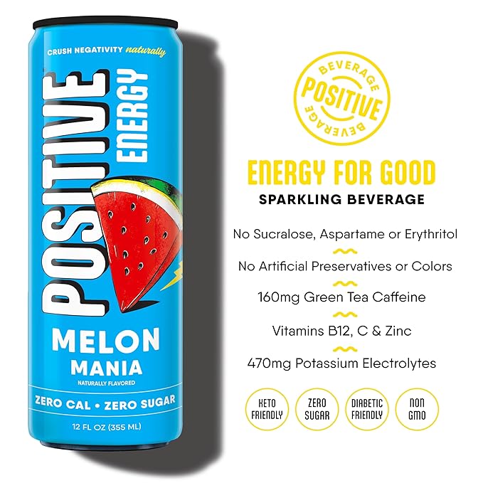 Positive Energy Beverage | Melon Mania | 12-oz Can Pack of 12 | Zero Sugar Energy Drink Supports Immunity and Hydration