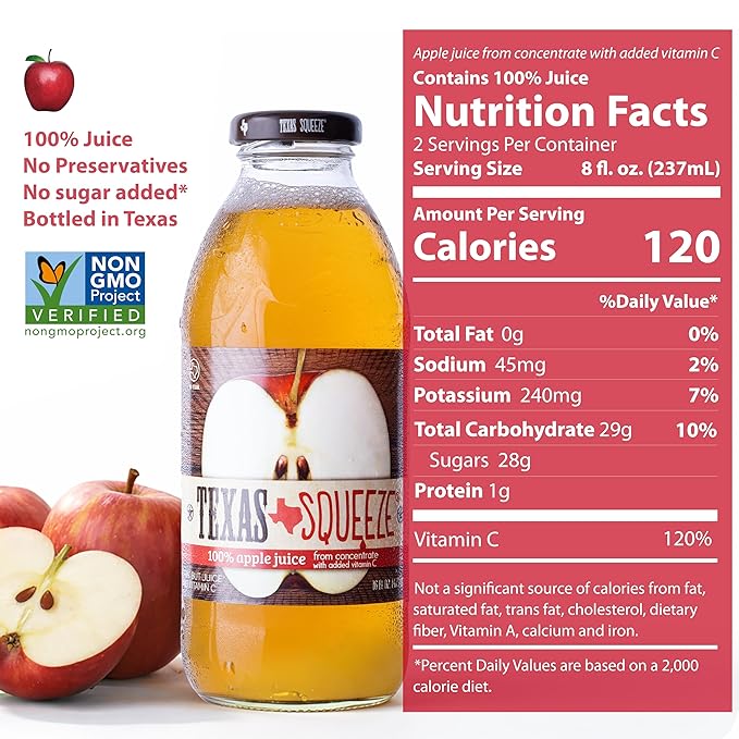 Texas Squeeze Apple Juice NON GMO Verified Bottled in Texas Apple Juice from Concentrate No Sugar Added No Preservatives 16 fl oz Pack of 12