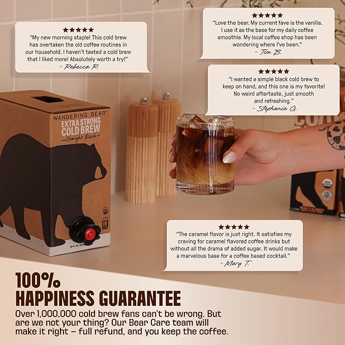 Wandering Bear Organic Vanilla Coffee Cold Brew On Tap Iced Coffee Drink -Extra Strong Smooth No Sugar Added Shelf-Stable Ready to Drink Gluten Free &amp Vegan Decaf -16 Servings of 6fl.oz -96f