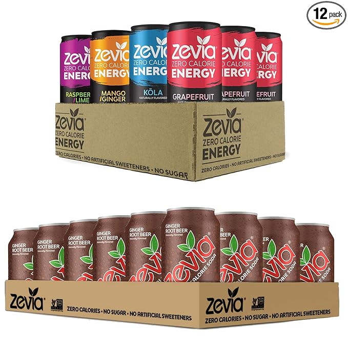 Zevia Zero Calorie Soda Variety Pack Ginger Root Beer &amp Energy Drink (36 Cans)