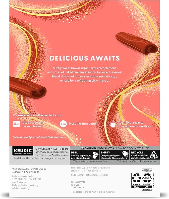 Starbucks K-Cup Coffee Pods Flavored Hot or Iced Coffee Brown Sugar Cinnamon 60 Keurig Pods