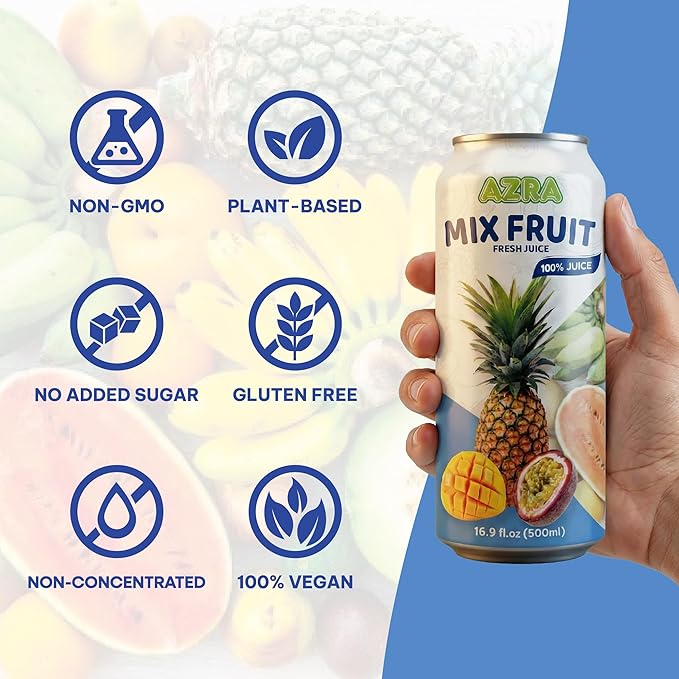 AZRA 100% Mix Fruit Juice – 500ml Canned Drinks Healthy Beverages Variety Pack – Zero Sugar Juice Fruit Punch for Kids and Adults – Bulk 100% Juice Pack 12 Count