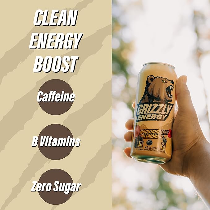 GRIZZLY Energy Drink Mountainberry Lemonade Taurine B Vitamins &amp 160mg Caffeine - Energy Focus &amp Hydration Boost - 10 Calories Zero Sugar - No Artificial Colors or Flavors - 16 fl oz (12 Pack