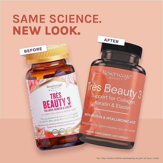 Reserveage Beauty - Tres Beauty 3 - Supplement for Hair Growth Skin Care &amp Nail Care - Collagen Supplement with Keratin &amp Biotin - Gluten Free - 90 Capsules (30 Servings)