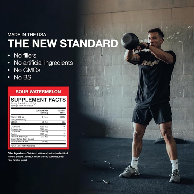 RAW Essential Pre-Workout Powder (Sour Watermelon) - Chris Bumstead Sports Nutrition Supplement for Men &amp Women - Preworkout Energy Powder with Caffeine L-Citrulline L-Tyrosine &amp Beta Alani
