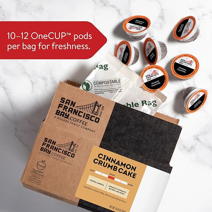 San Francisco Bay Coffee - Flavored Medium Roast - Cinnamon Crumb Cake (80 Ct) - Single Serve Coffee Pods Commercially Compostable K Cup Compatible