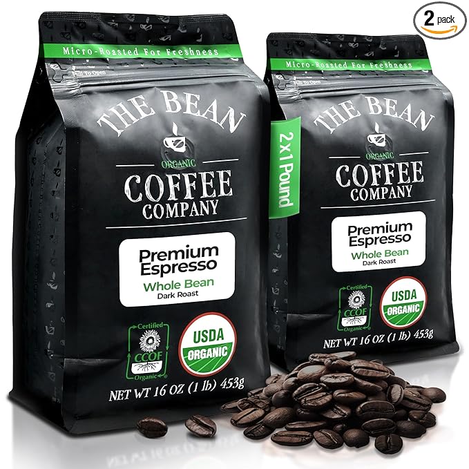 The Bean Organic Coffee Company Premium Espresso Dark Roast Whole Bean Coffee 16-Ounce Bags (Pack of 2)