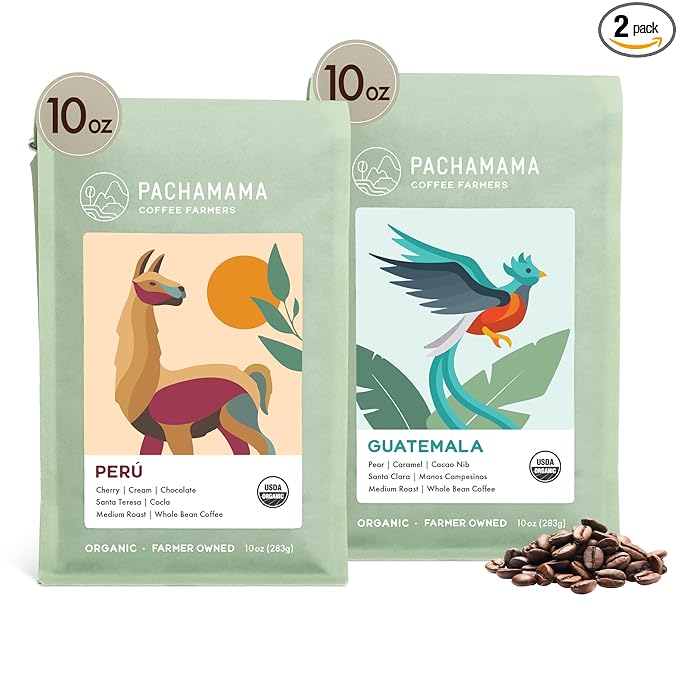 Pachamama Organic Coffee - Medium Roast Whole Bean Coffee Bundle - 2x10 oz bags - Peru + Guatemala - Farmer Owned &amp Regenerative