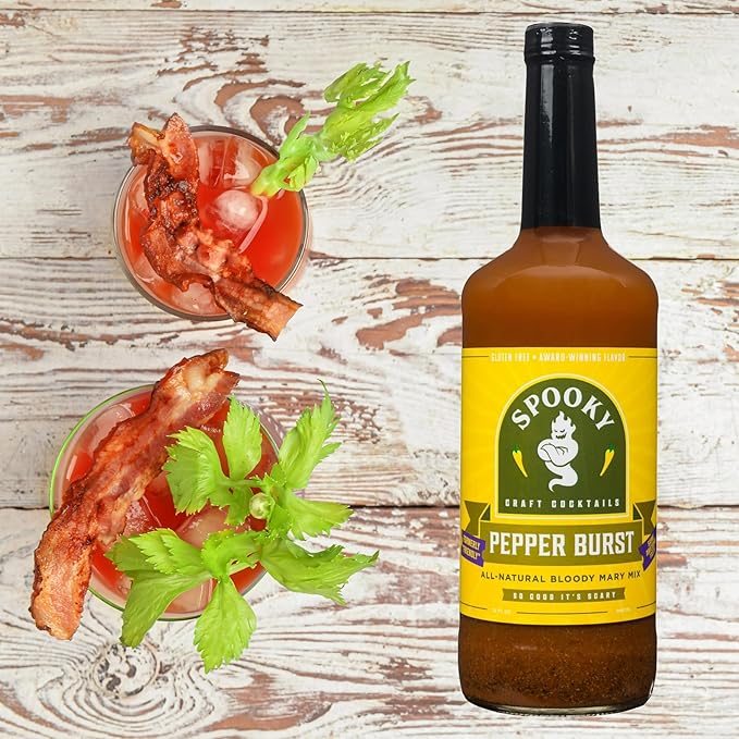 SPOOKY - Pepper Burst Bloody Mary Mix - Made With All Premium Natural Ingredients - No Artificial Color or Flavor - No Preservative No MSG Low Carb Low Calorie &amp Gluten Free - 32 Oz (Pack of 2