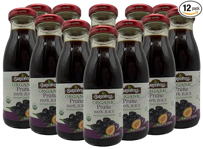 Gardenville Organic Prune Juice (Pack of 12) USDA Organic No Added Sugar U Kosher Certified Pasteurized 8.4 oz Glass Bottles (Prune)