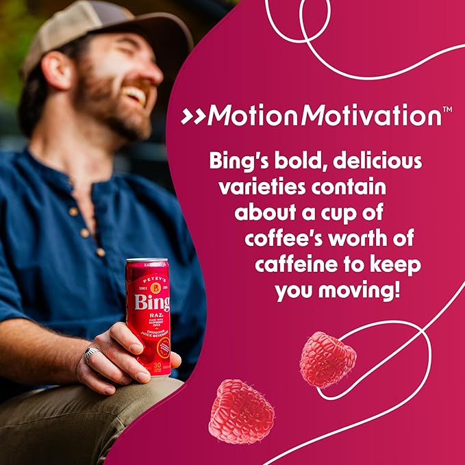BING RAZ Energizing Juice Beverage – Raspberry (12oz/24pk) – Made with REAL Juice! Only 1g added Sugar Low Calorie 5 B-Vitamins &amp Ginseng 100mg Caffeine Vegan Gluten + Dairy Free. DELICIOUS