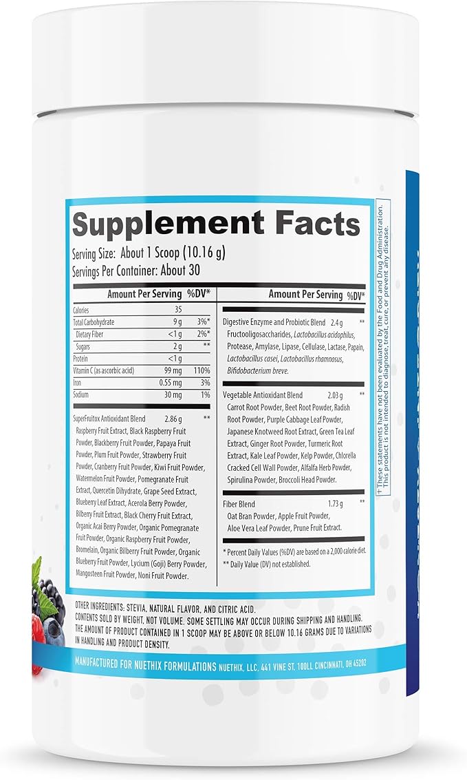 NuEthix Formulations Gourmet Greens Drink Powder Dietary Supplement with Fruit and Vegetable Superfoods and Probiotics Berry 30 Servings