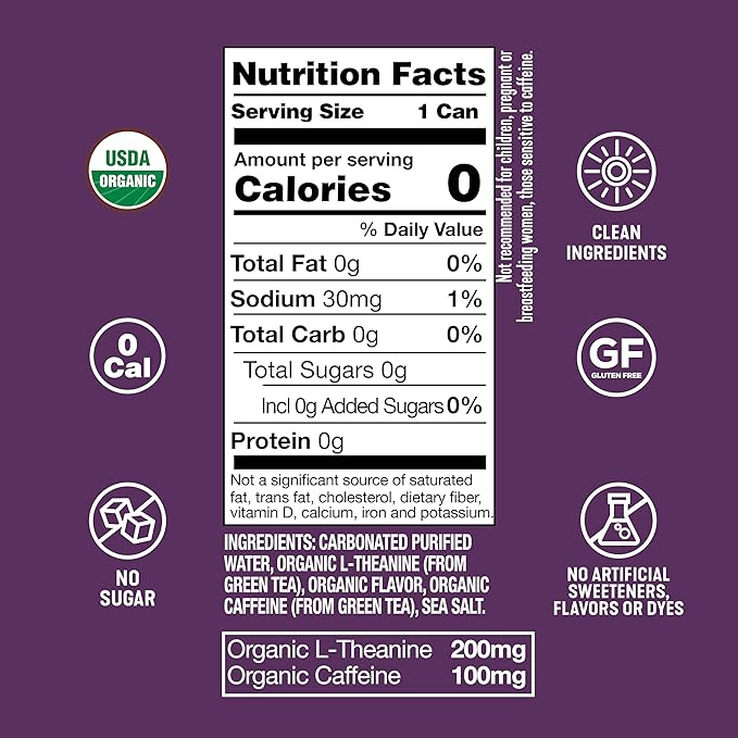 ARDOR ENERGY Sparkling Water with 100mg Natural Caffeine &amp 200mg L-Theanine from Organic Green Tea for Smooth Energy &amp Focus | Healthy Energy Drink | No Sugar Zero Calories Vegan Gluten-Fre