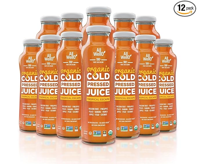 AllWellO Organic Cold Pressed Juice Drinks with Real Fruits and Vegetables Gluten Free Non-GMO Healthy Juices No Preservatives No Sugar Added (Tropical Escape 12 Pack)