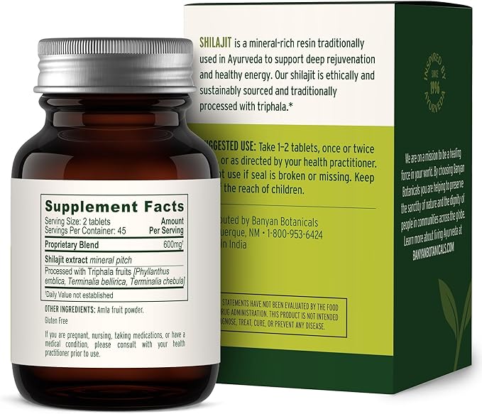 Banyan Botanicals Organic Shilajit – Pure Himalayan Mineral Pitch Supplement – Natural Source of Fulvic Acid &amp Trace Minerals for Energy Detox &amp Healthy Aging – 90 Tablets – Sustainably Sourc