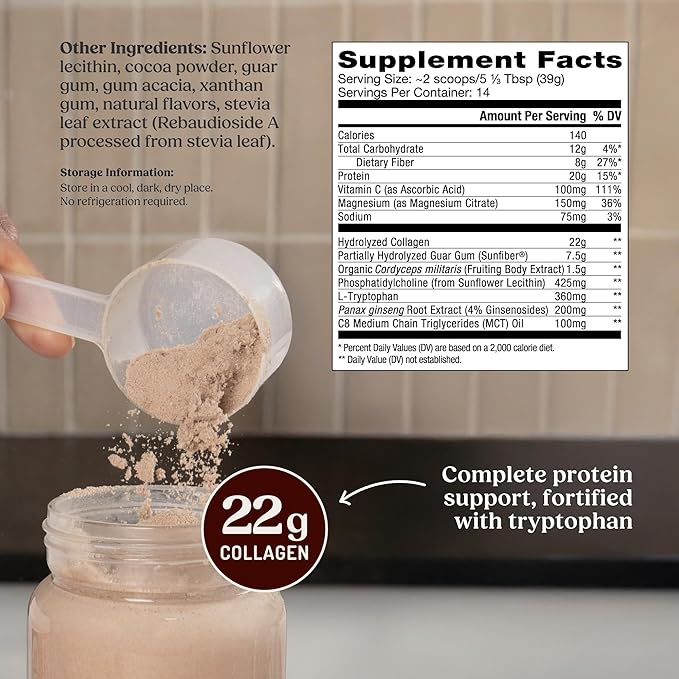 Bulletproof Dark Chocolate Energy Collagen Protein 19.3 Ounces Caffeine-Free Fuel with Vitamins and Antioxidants Blend with Ginseng Magnesium Cordyceps Mushroom