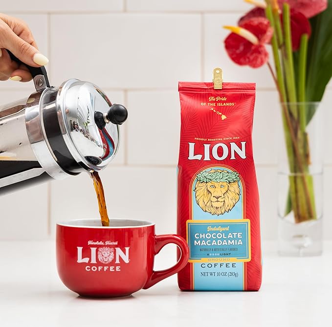 Lion Coffee 3-Pack Chocolate Macadamia Flavored Ground Coffee Light Roast Hawaiian Inspired Taste - 10 Ounce Bags (Pack of Three)