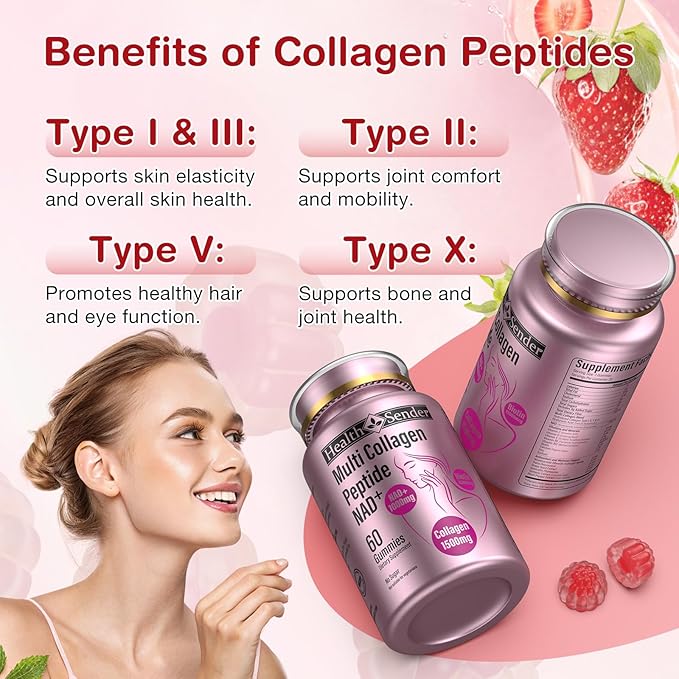 Collagen Peptide Gummies Sugar-Free Woman &ampMan's Proteins Collagen Gummy Filled 1500mg Hydrolyzed Collagen Type IIIIIIVX1000mg NAD 15000mcg Biotin Supplement for Skin Hair Nails