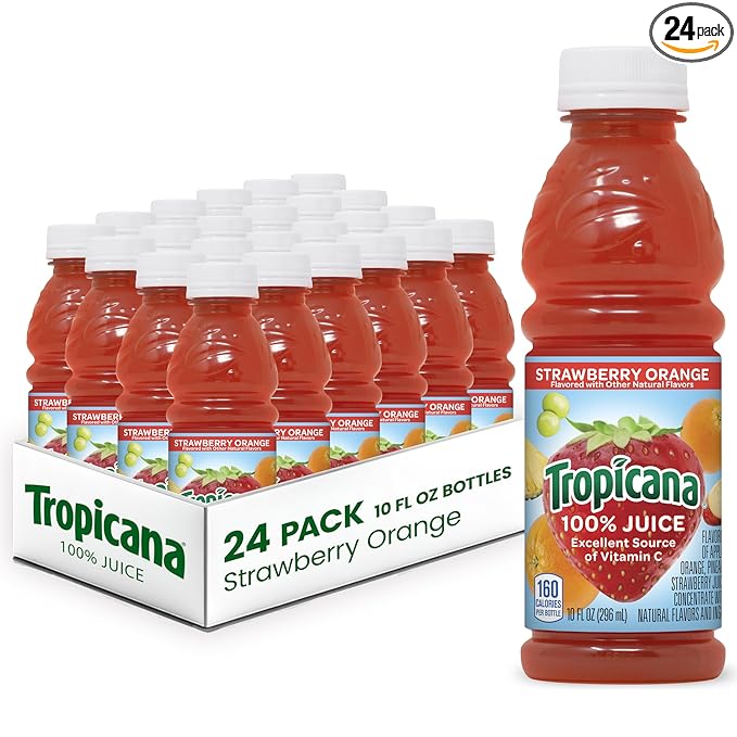 Tropicana 100% Orange Strawberry Juice�Single Serve 10 Fl Oz Bottles (Pack of 24) - Real Fruit Juice Vitamin C B &amp E Rich No Added Sugars No Artificial Flavors