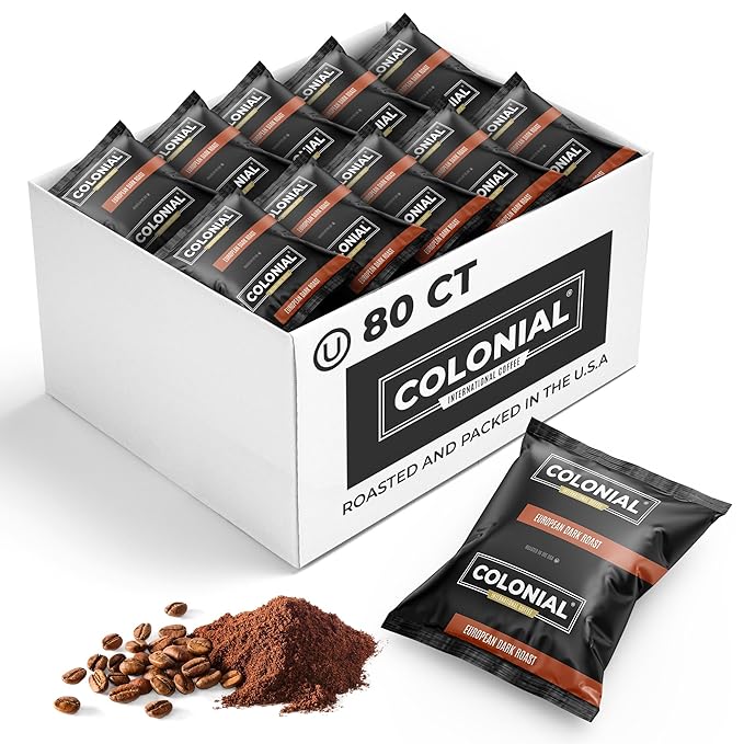 Colonial Coffee Packets Pre Ground Coffee Packs European Dark Roast Coffee Bulk Single Pot Bags for Drip Coffee Makers 2.5 Ounce (Pack of 80)