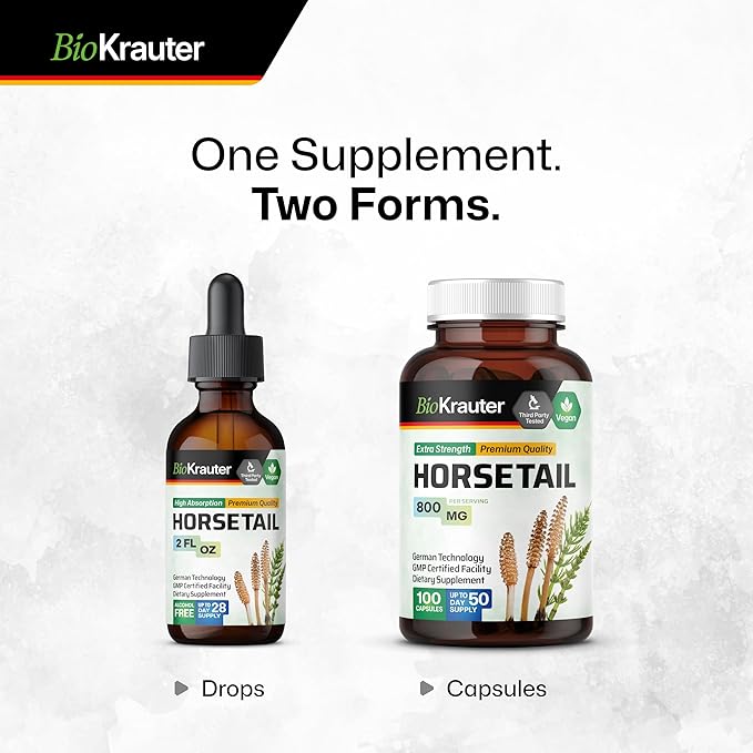 BIO KRAUTER® Horsetail Supplement for Hair Skin &amp Nails - Vegan &amp Pure Horsetail Herb Liquid Drops 660 mg per Serving 2 Fl.Oz. - Silica Hair Supplement - Alcohol &amp Sugar Free - 28 Days of