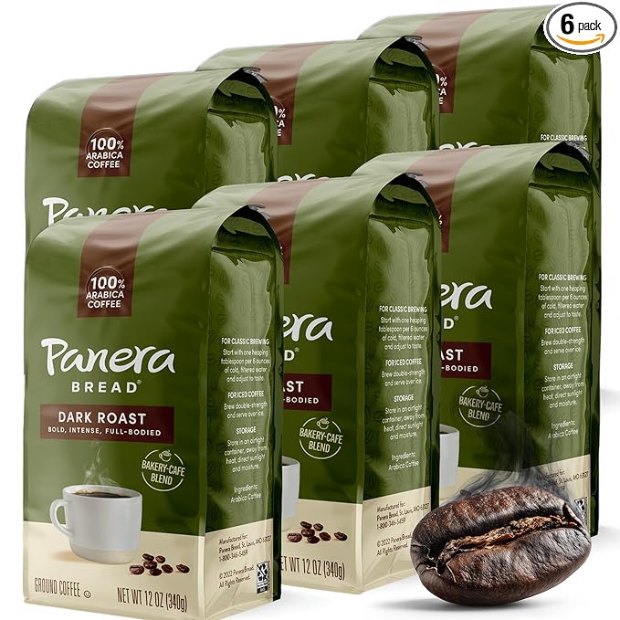 Panera Dark Roast Ground Coffee - Bold Breakfast Brew with Dark Chocolate Finish - 100% Arabica Beans Sustainably Sourced - Kosher Dairy-Free - Cafe Quality for Home Brewing 12oz Bag Pack of 6 (72o