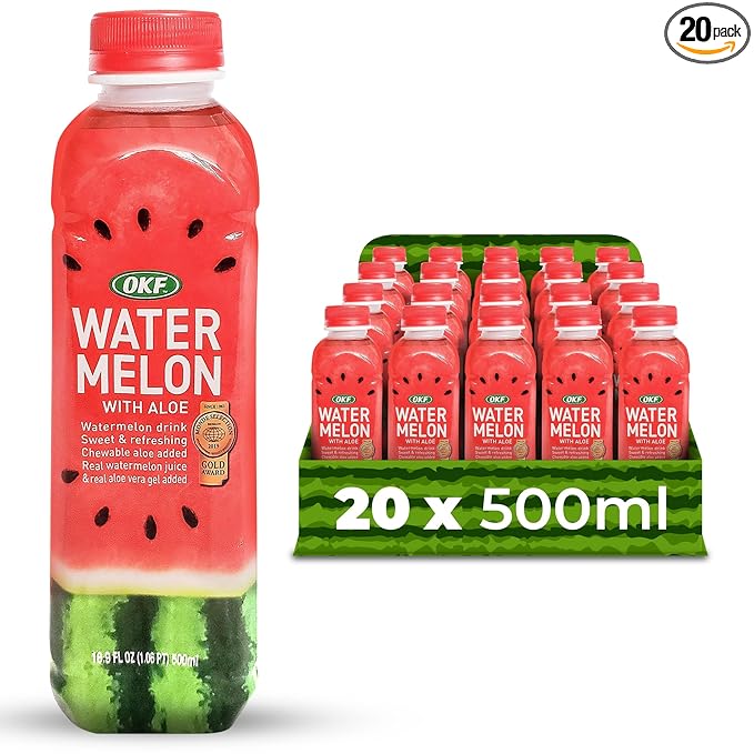 OKF Aloe Vera Juice Drink Watermelon Pure with Chunks of Aloe Original 16.9 Fl Oz (Pack of 20) No Preservatives No Artificial Color Plant Based Korean Drinks
