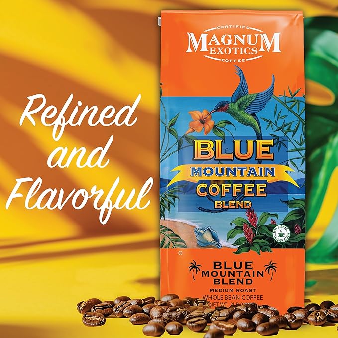 Magnum Exotics Coffee Blue Mountain Blend - Medium-Light Roast Whole Bean Made from 100% Arabica Beans Rich &amp Smooth Flavor Fresh Roast - Blue Mountain Blend 2 Lb Bag (32 oz)