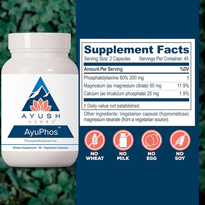 Ayush Herbs AyuPhos - Phosphatidylserine Supplement for Men &amp Women Soy-Free Phosphatidyl Serine Brain Memory &amp Cognitive Support for Adults 200mg Per Pill - 90 Vegetarian Capsules (1 Cou