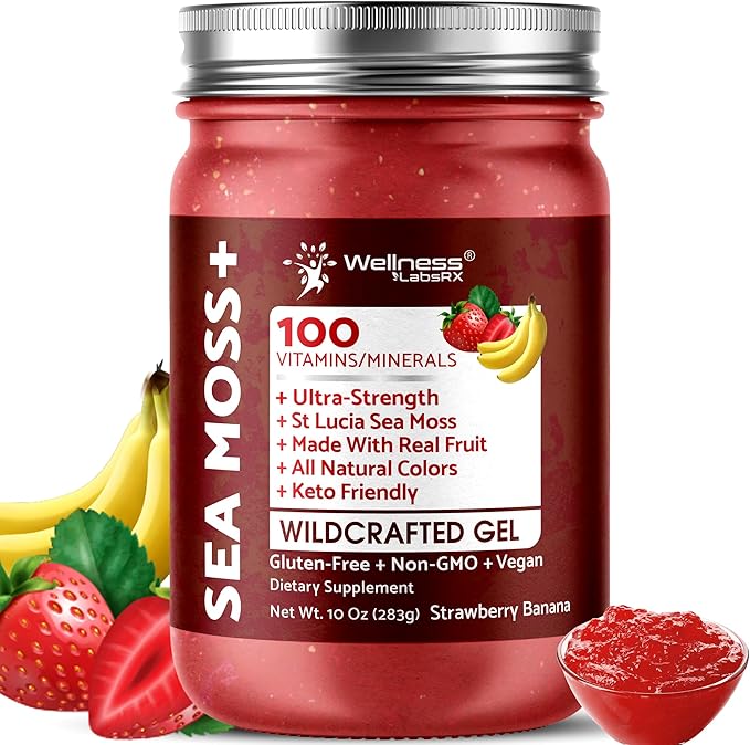 Irish Sea Moss Gel Raw - Wildcrafted Superfood Seamoss Gel - Strawberry Banana Flavor Vitamin and Mineral-Rich from Pristine Caribbean Waters Immune and Digestive Health Support - 10 oz.