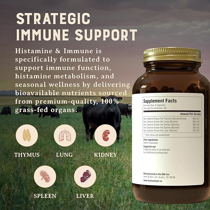 HEART &amp SOIL – 100% Grass Fed &amp Finished Histamine &amp Immune Support Supplement from Regenerative Cattle with Thymus Lung Spleen Liver &amp Kidney – Immune Defense – Glass Bottle – 180