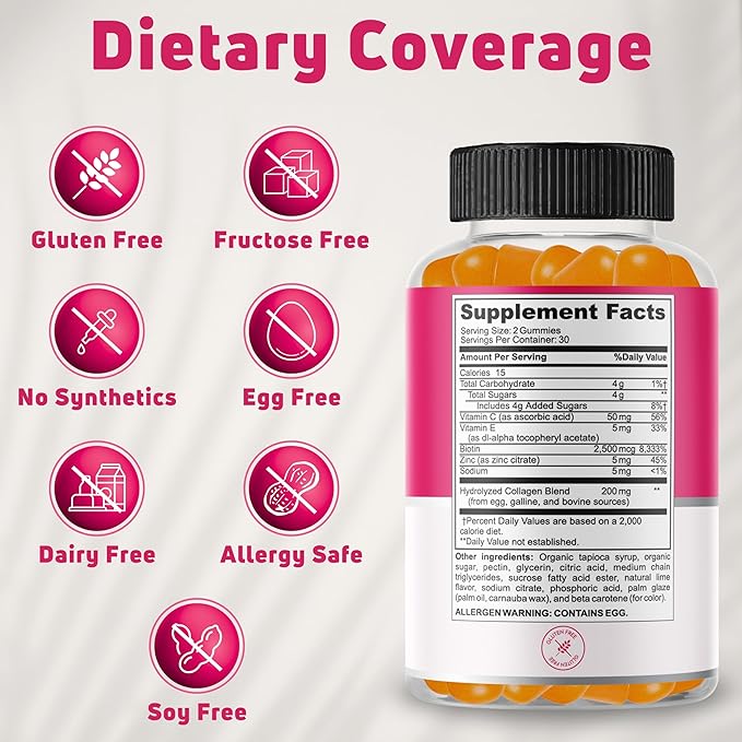 200mg Hydrolyzed Gummy Collagen for Women &amp Men. 2500mcg Biotin Gummies with 5mg Vitamin E 50mg Vitamin C &amp 5mg Zinc. Gluten-Free Non-GMO Keto Friendly Adult Biotin and Collagen Vitamins